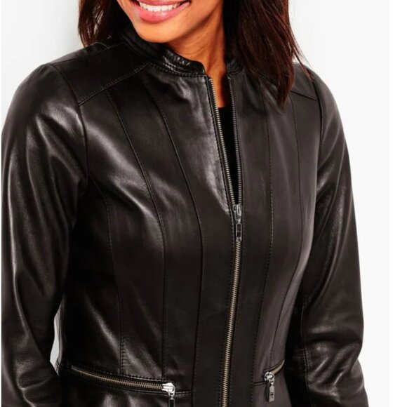 Talbots Black Leather Peplum Zip Jacket Lamb Skin Buttery-Soft Leather Size 14P - Picture 4 of 12